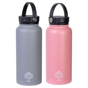 Two Tru Flask 32oz insulated water bottles, one gray and one pink, with black screw-on lids and carrying handles.