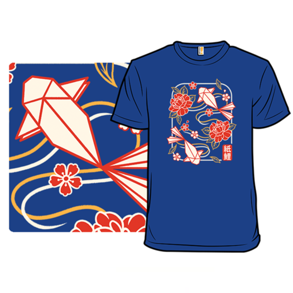 A blue T-shirt featuring an origami koi fish and floral design in red and white, with stylized waves and blossoms.