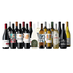 A variety of wine bottles, featuring both red and white wines, with diverse labels and packaging designs, arranged in a row.