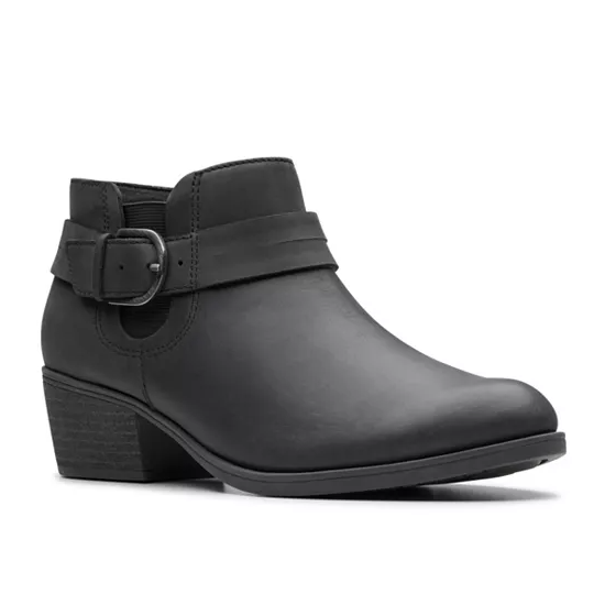 Black ankle boots with a smooth leather finish, featuring a side buckle detail, rounded toe, and low block heel.