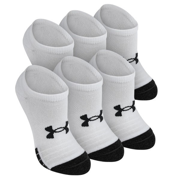6-pack of white Under Armour youth socks featuring black accents and logo, with short cuffs and black toe tips.