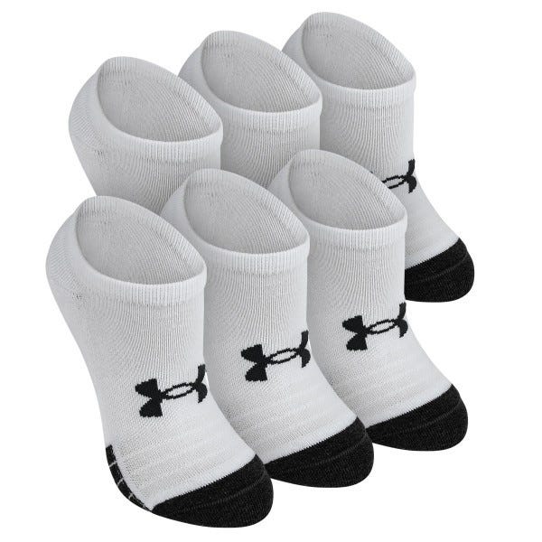 6-pack of white Under Armour youth socks featuring black accents and logo, with short cuffs and black toe tips.