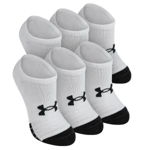 6-pack of white Under Armour youth socks featuring black accents and logo, with short cuffs and black toe tips.