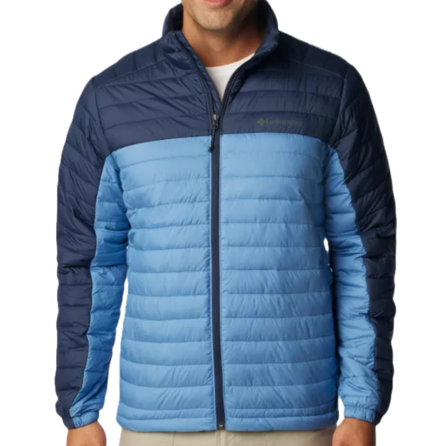 A man wearing a blue two-tone Columbia insulated jacket with the brand logo on the chest.