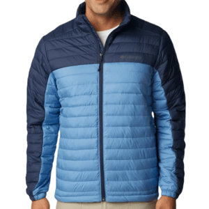 A man wearing a blue two-tone Columbia insulated jacket with the brand logo on the chest.