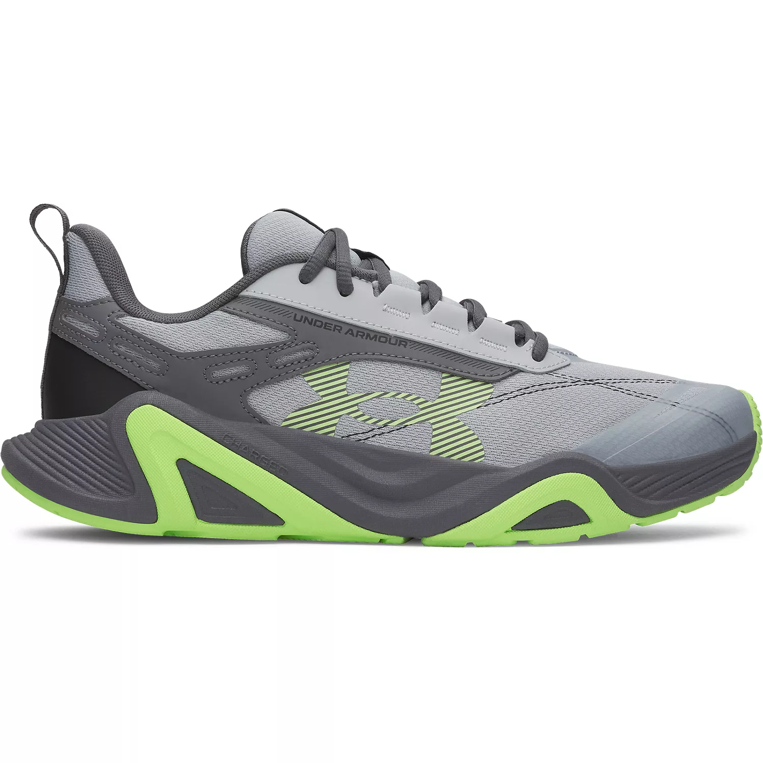 A gray and neon green Under Armour training shoe featuring a bold side logo, textured sole, and lace-up design for performance and style.
