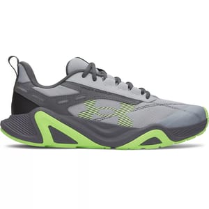 A gray and neon green Under Armour training shoe featuring a bold side logo, textured sole, and lace-up design for performance and style.