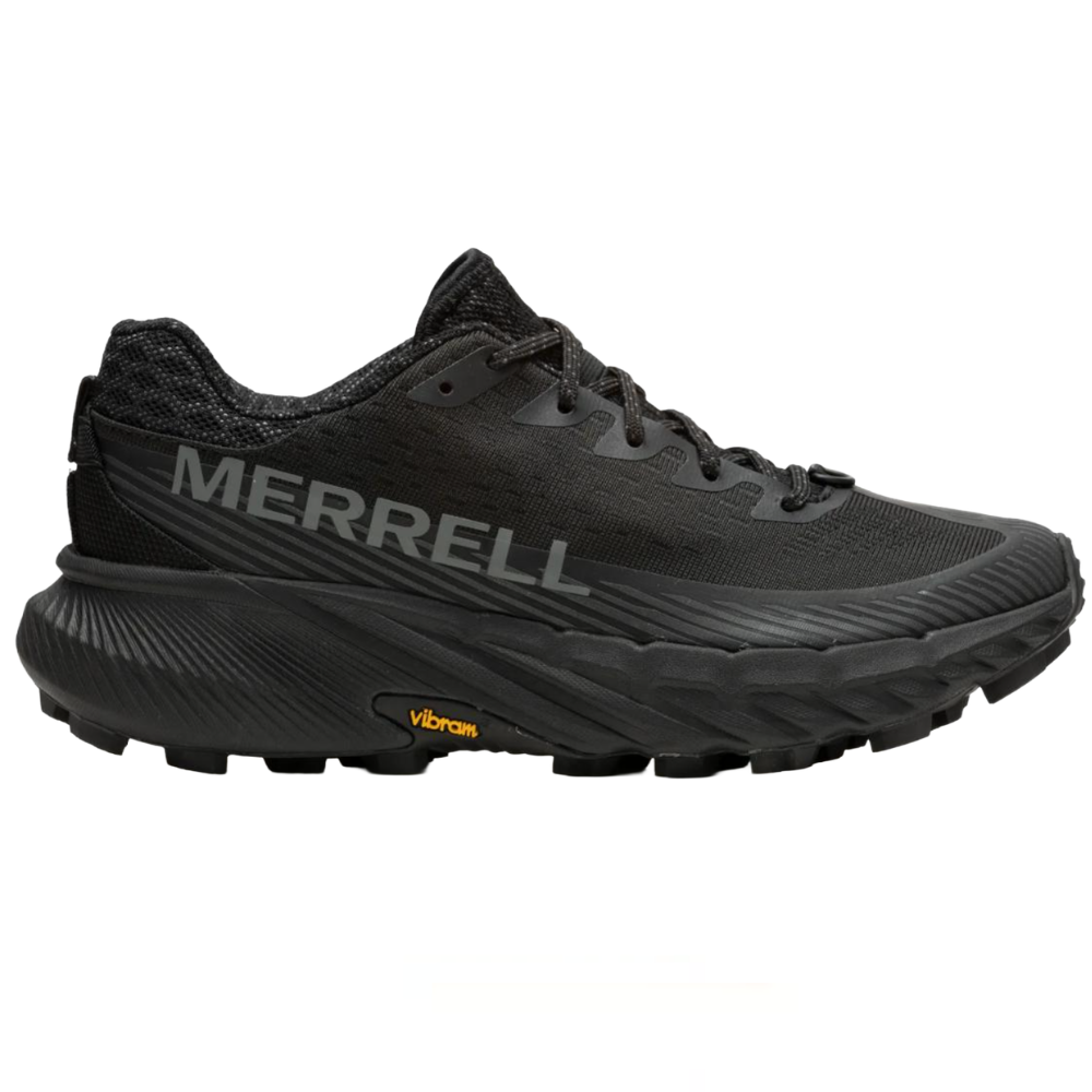 Merrell black trail running shoe with a Vibram sole, featuring textured upper material and a cushioned sole for enhanced support and grip.