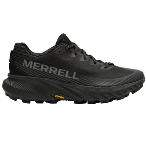 Merrell black trail running shoe with a Vibram sole, featuring textured upper material and a cushioned sole for enhanced support and grip.
