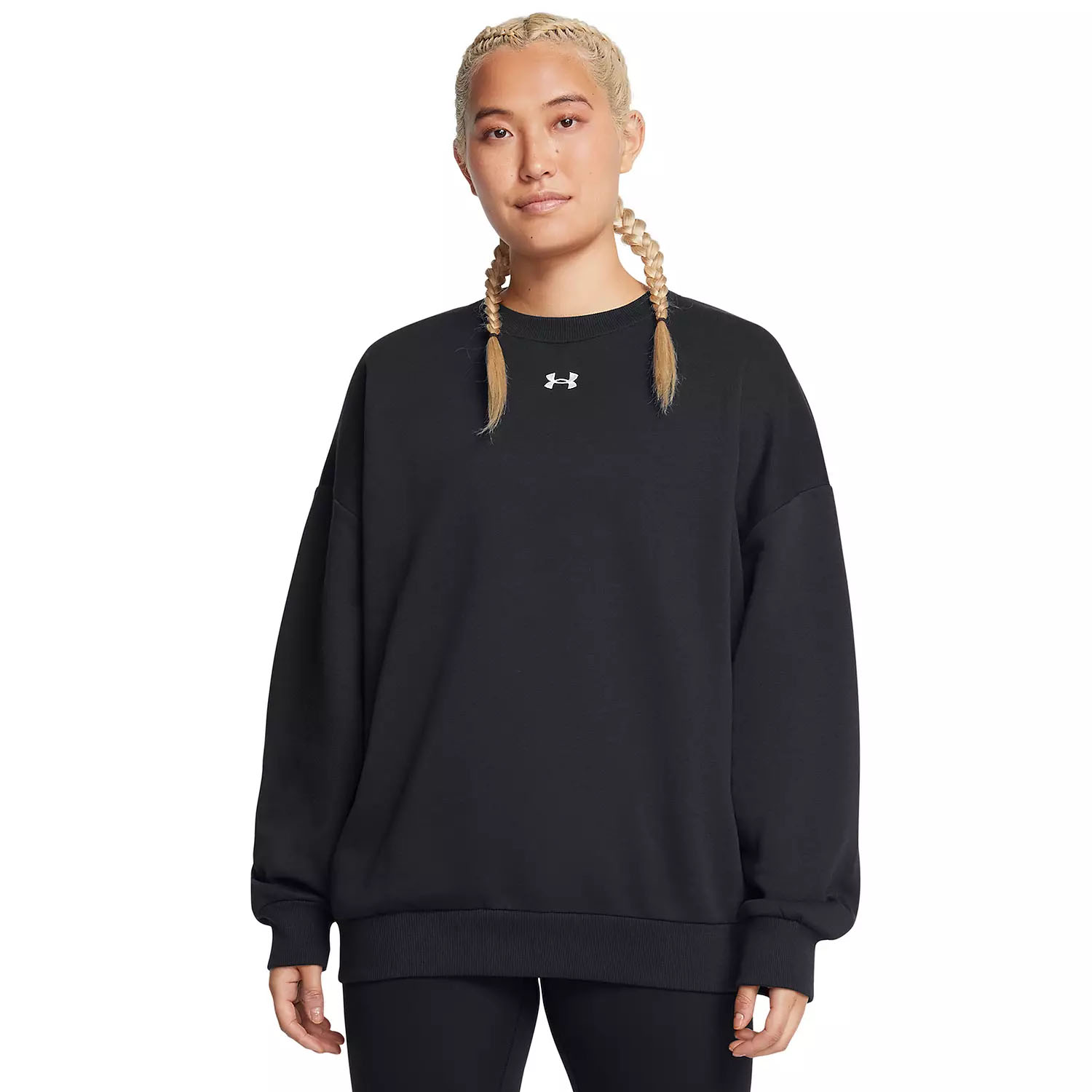 The Under Armour Oversized Fleece Sweatshirt is black with a ribbed hem and cuffs, featuring the brand's logo on the chest. It has long sleeves, a relaxed fit, and is made from warm, comfortable fleece material.