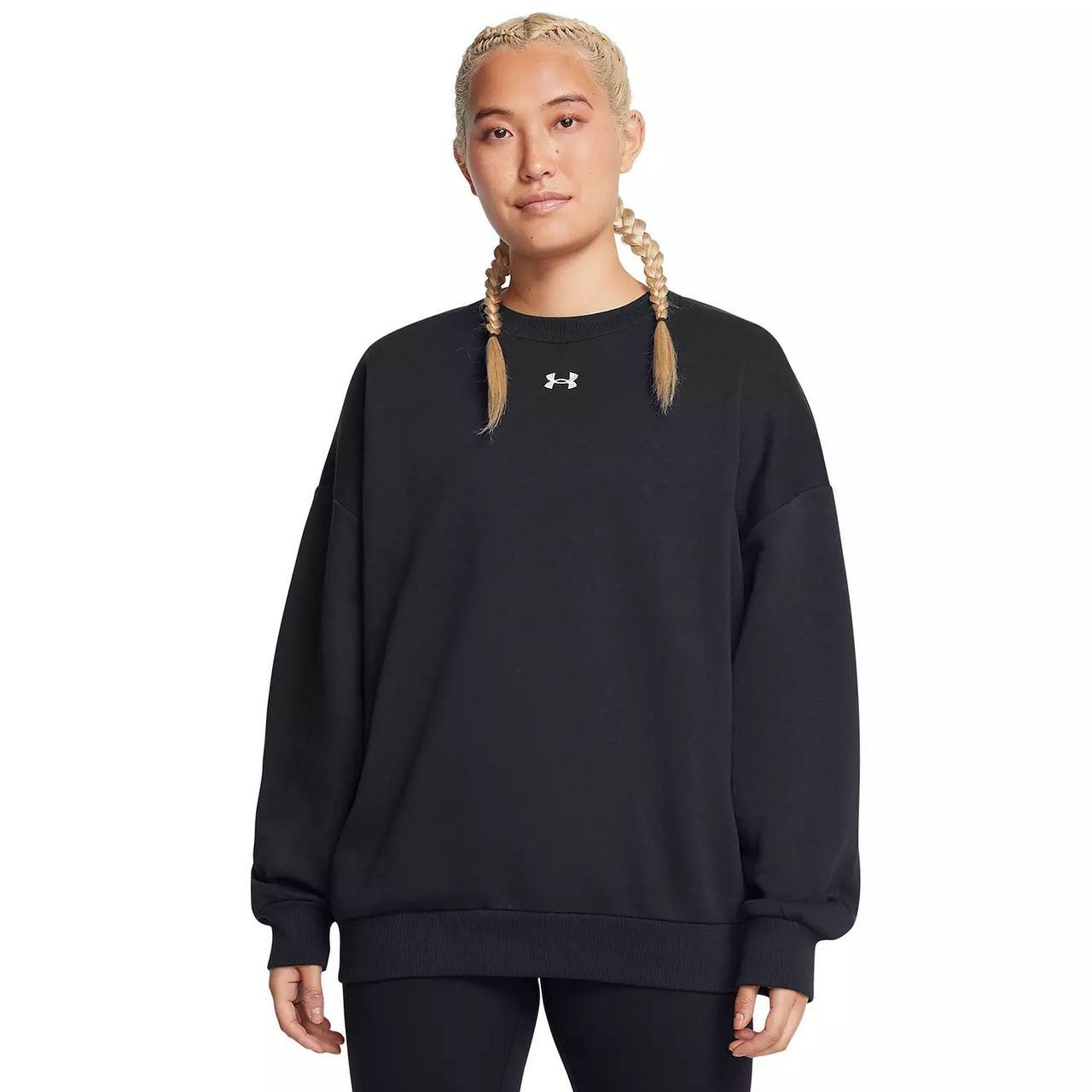The Under Armour Oversized Fleece Sweatshirt is black with a ribbed hem and cuffs, featuring the brand's logo on the chest. It has long sleeves, a relaxed fit, and is made from warm, comfortable fleece material.