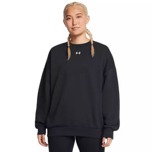The Under Armour Oversized Fleece Sweatshirt is black with a ribbed hem and cuffs, featuring the brand's logo on the chest. It has long sleeves, a relaxed fit, and is made from warm, comfortable fleece material.