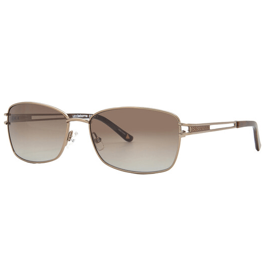Rectangular sunglasses with metal frames, gradient brown lenses, and adjustable nose pads, featuring the Liz Claiborne logo on the arms.
