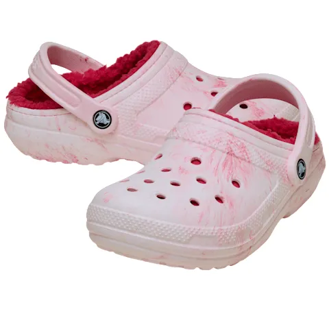 A pair of pink clogs with fur lining and marbled design, featuring ventilation holes and adjustable heel straps.