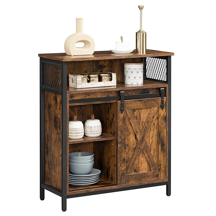 A wooden cabinet with a rustic finish features a sliding barn door, open shelves, and decorative mesh sides, displaying plates, jars, and vases for storage and decor.