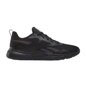 A black athletic shoe with mesh upper, featuring a subtle design pattern on the side and a durable sole.