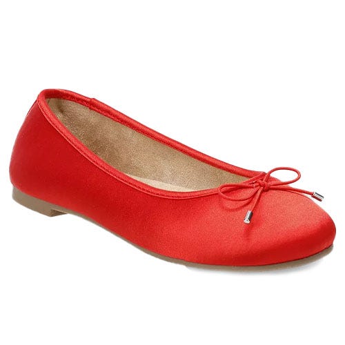 Red ballet flat with a rounded toe featuring a decorative bow on top and a flat sole.
