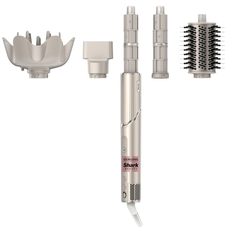 A Shark Beauty multi-styler set featuring a central styling wand with four attachments: a diffuser, a concentrator nozzle, curling barrels, and a round brush.