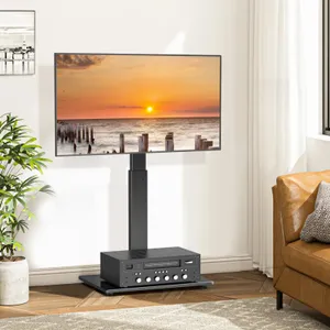 A flat-screen TV mounted on a stand with a speaker system below.
