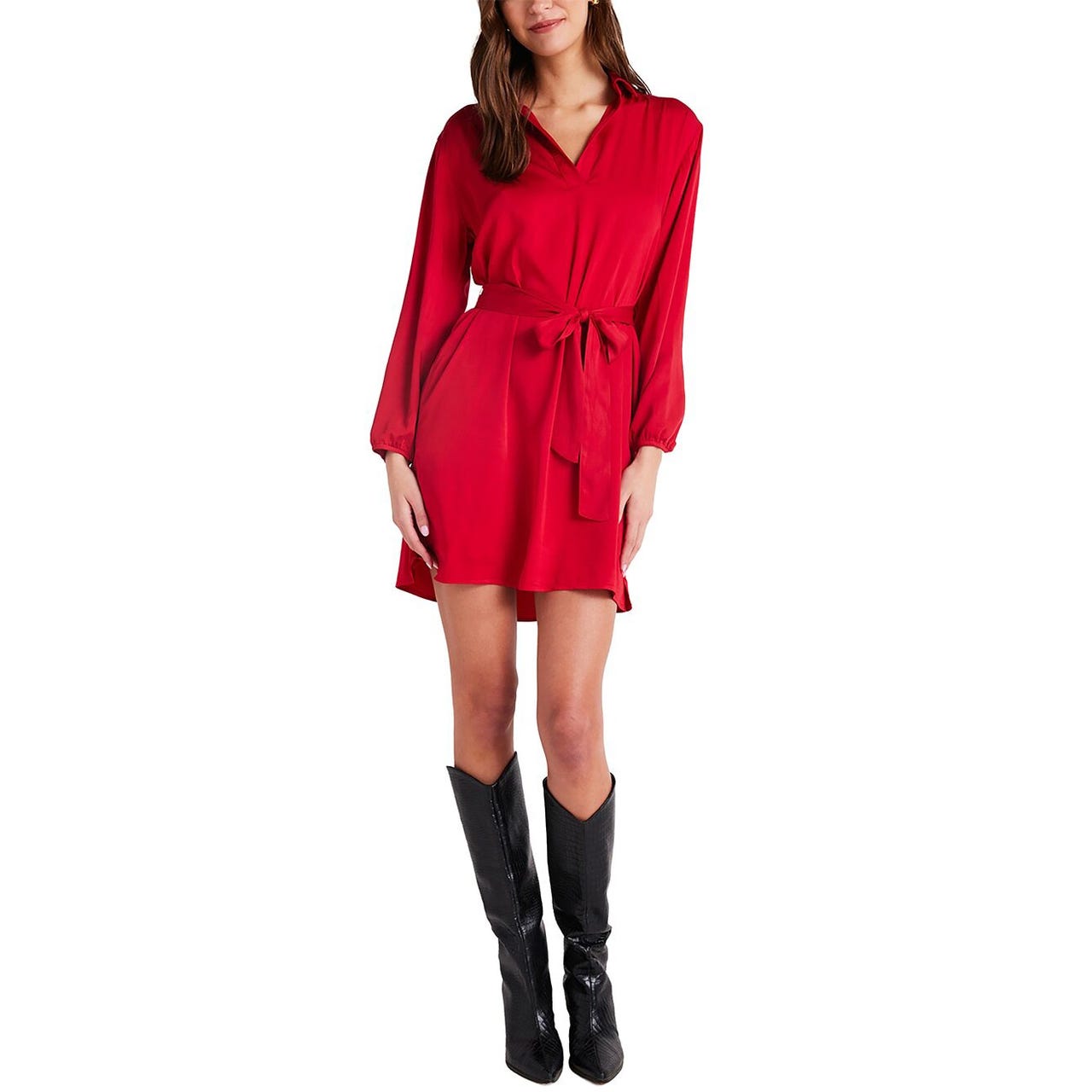 A red Bella Dahl belted shirt dress with long sleeves, a V-neck collar, and a waist tie, paired with black knee-high boots.