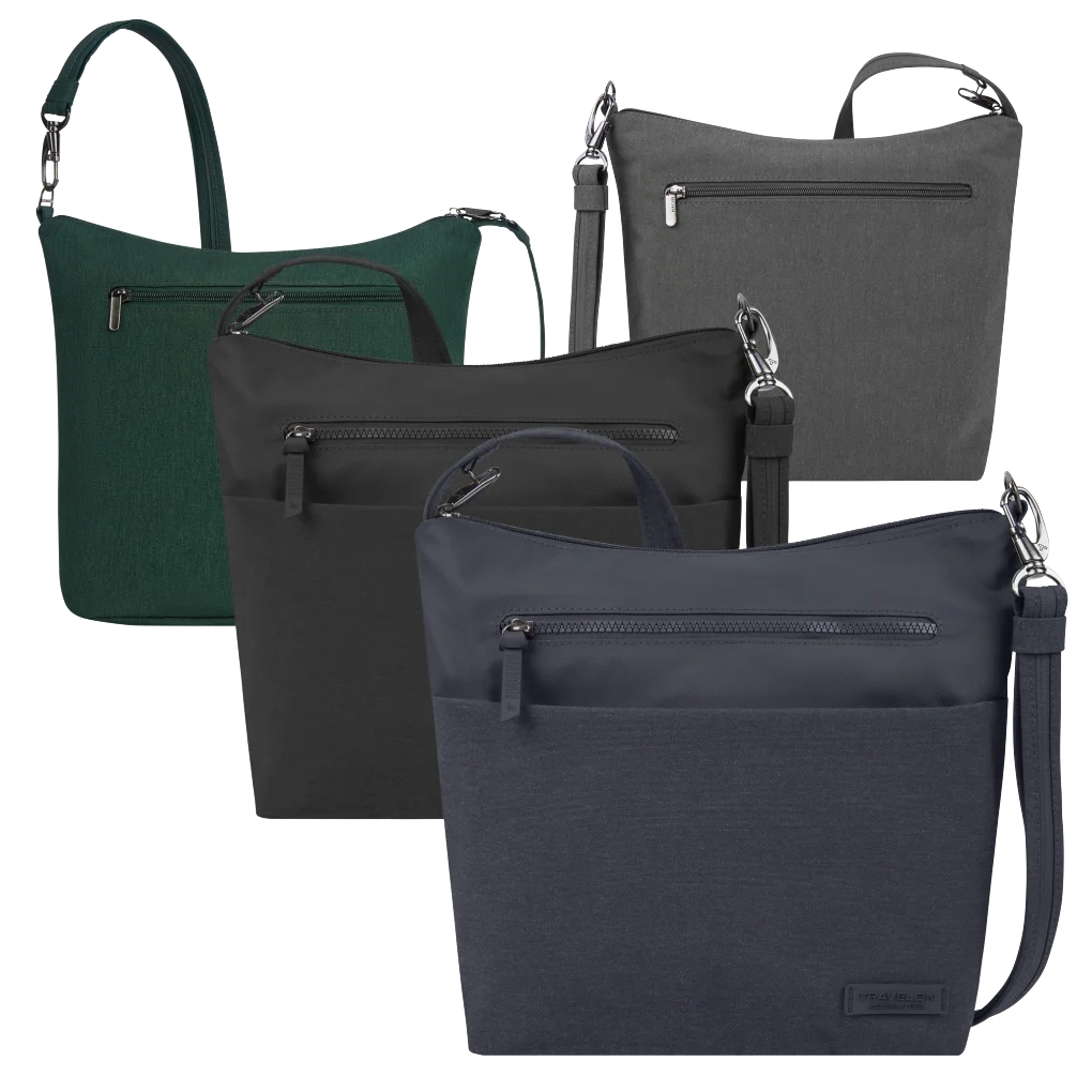 Four RFID crossbody bags are shown in green, grey, black, and navy. Each bag features a front zipper pocket, a main compartment, and an adjustable strap with silver hardware for secure closure.