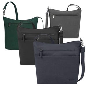 Four RFID crossbody bags are shown in green, grey, black, and navy. Each bag features a front zipper pocket, a main compartment, and an adjustable strap with silver hardware for secure closure.