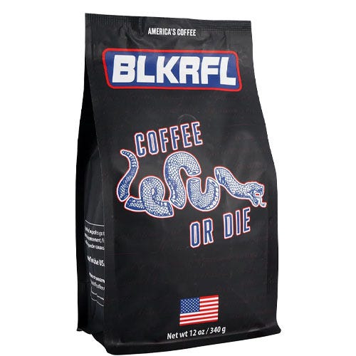BLKRFL coffee bag labeled \“Coffee or Die,\“ featuring a snake illustration and the American flag. Net weight: 12 oz (340 g).