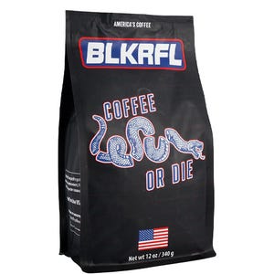 BLKRFL coffee bag labeled \“Coffee or Die,\“ featuring a snake illustration and the American flag. Net weight: 12 oz (340 g).