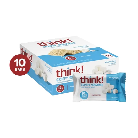 think! Crispy Squares, Marshmallow Crunch flavor, high protein treats with 15g protein per bar and gluten-free, available in a pack of 10 bars.