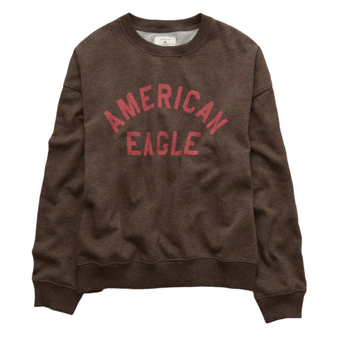 A brown crewneck sweatshirt with \“AMERICAN EAGLE\“ printed in red lettering across the chest.