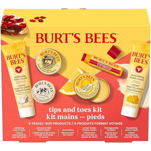 Burt's Bees Tips and Toes Kit includes travel-sized Softening Foot Cream, Hand Salve, Cuticle Cream, Hand Cream, Lip Balm, and Nourishing Lotion.