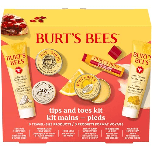 Burt's Bees Tips and Toes Kit includes travel-sized Softening Foot Cream, Hand Salve, Cuticle Cream, Hand Cream, Lip Balm, and Nourishing Lotion.