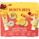 Burt's Bees Tips and Toes Kit includes travel-sized Softening Foot Cream, Hand Salve, Cuticle Cream, Hand Cream, Lip Balm, and Nourishing Lotion.