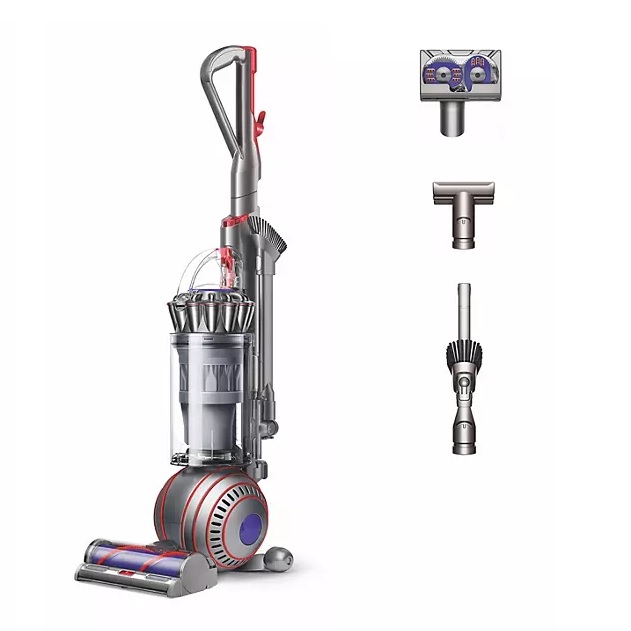 Upright vacuum cleaner with three attachments: a motorized brush head, a stair tool, and a combination tool for versatile cleaning.