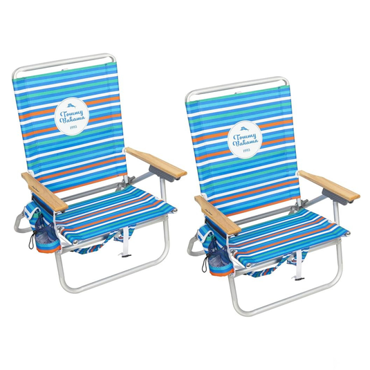 Two Tommy Bahama beach chairs with striped fabric, wooden armrests, and built-in cup holders are shown in blue, orange, and green colors.