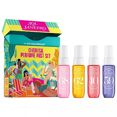 A colorful box labeled \“Sol de Janeiro\“ holds a set of four perfume mist bottles in gradient shades of yellow, pink, and purple. Each bottle displays a number: 62, 68, 40, and 39.