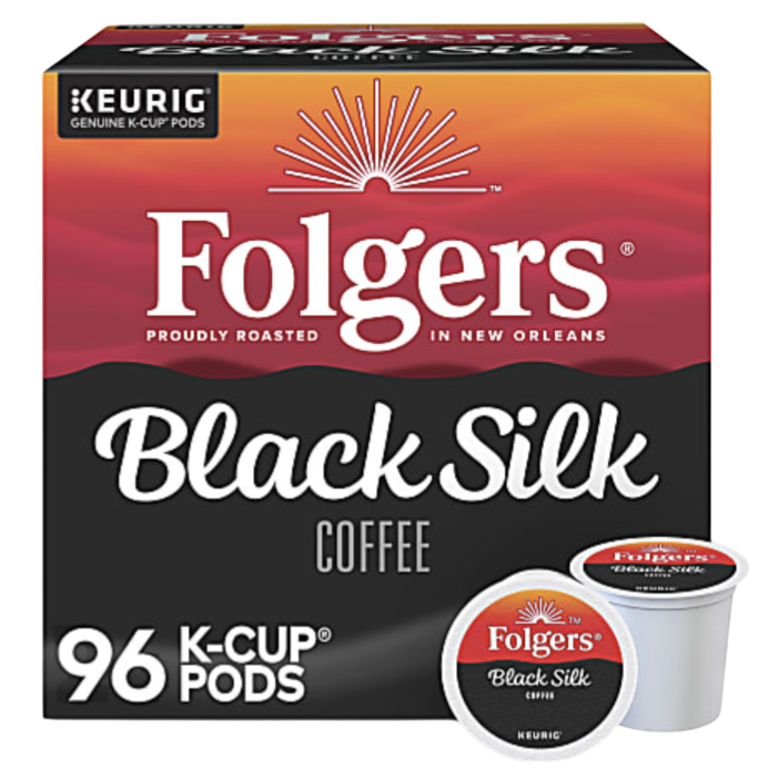 Folgers Black Silk Coffee K-Cup Pods, roasted in New Orleans, available in a 96-count package for Keurig machines.