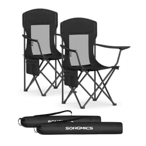 Two black foldable outdoor chairs with mesh backrests and armrests, featuring side pockets. Each chair comes with a carrying bag labeled \“Songmics.\“