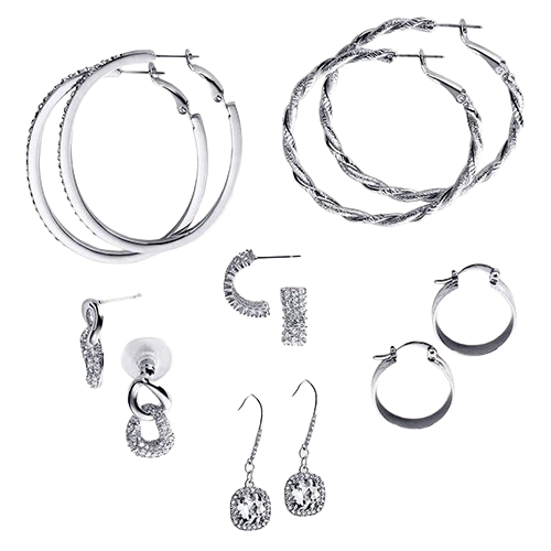 A collection of various hoop and drop earrings in silver tones, featuring different designs such as twisted hoops, textured loops, and rhinestone embellishments.