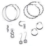 A collection of various hoop and drop earrings in silver tones, featuring different designs such as twisted hoops, textured loops, and rhinestone embellishments.