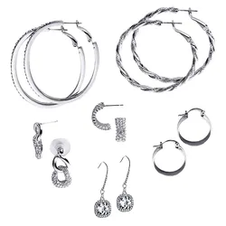 A collection of various hoop and drop earrings in silver tones, featuring different designs such as twisted hoops, textured loops, and rhinestone embellishments.