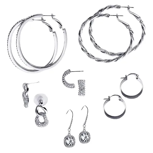 A collection of various hoop and drop earrings in silver tones, featuring different designs such as twisted hoops, textured loops, and rhinestone embellishments.
