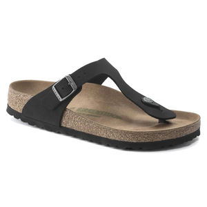 Birkenstock Gizeh Leather Sandals are thong-style sandals featuring a black leather upper with an adjustable buckle, a cork footbed for comfort, and a durable rubber sole.