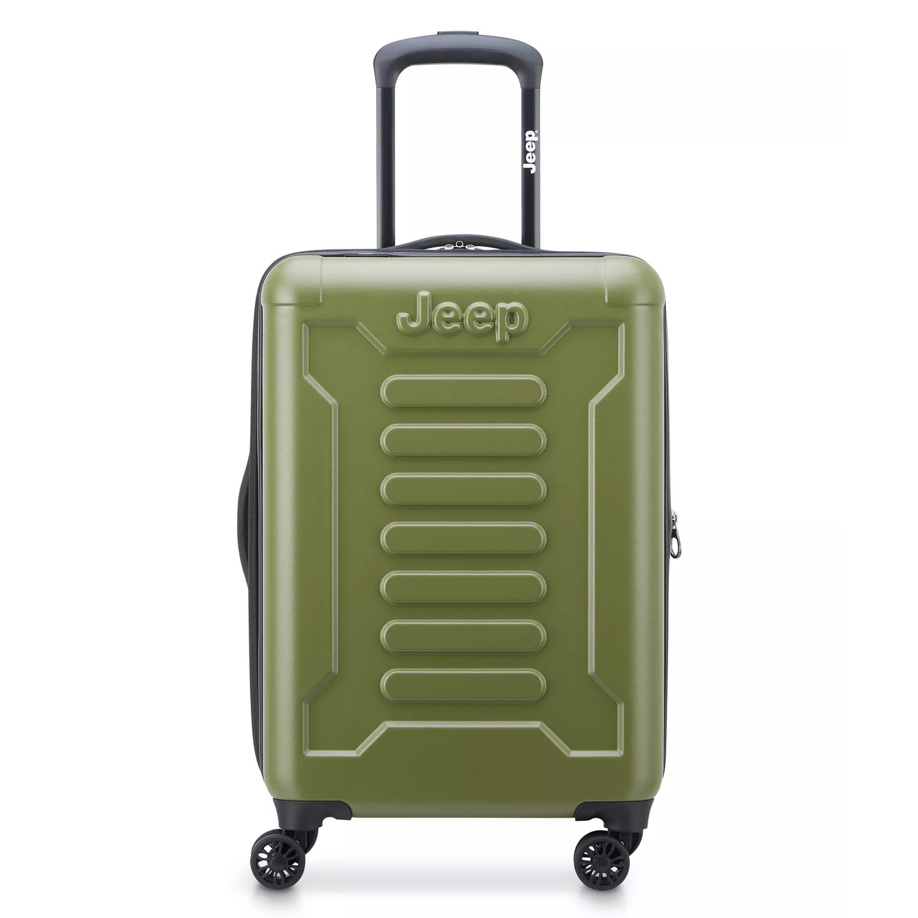 A green Jeep-branded hard-shell suitcase with four spinner wheels and an extendable handle.