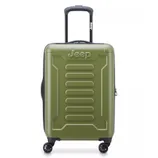 A green Jeep-branded hard-shell suitcase with four spinner wheels and an extendable handle.