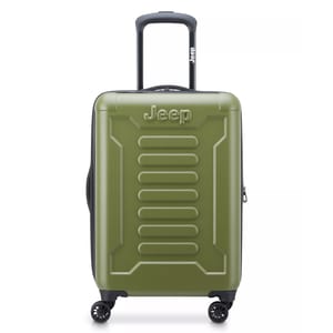 A green Jeep-branded hard-shell suitcase with four spinner wheels and an extendable handle.