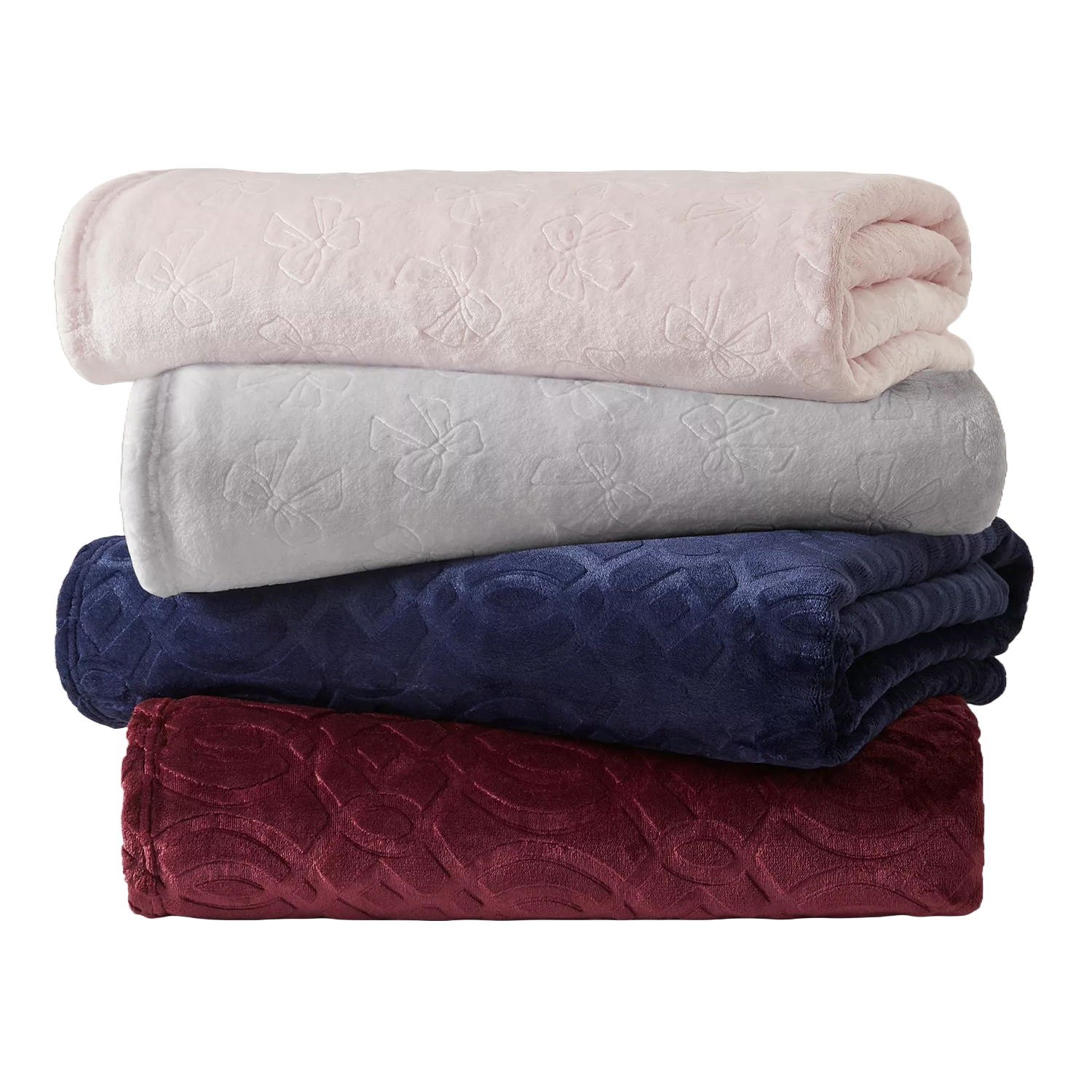 Four stacked plush blankets in pastel pink, light gray, navy blue, and burgundy, each with a subtle embossed pattern.