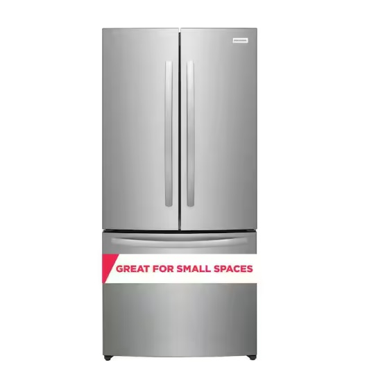 Frigidaire French Door Refrigerator with stainless steel finish, featuring two doors on top and a freezer drawer below, labeled as \“Great for small spaces.\“