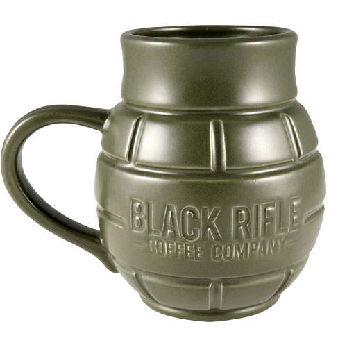 A green ceramic mug designed to resemble a grenade, featuring the logo of Black Rifle Coffee Company embossed on its side.