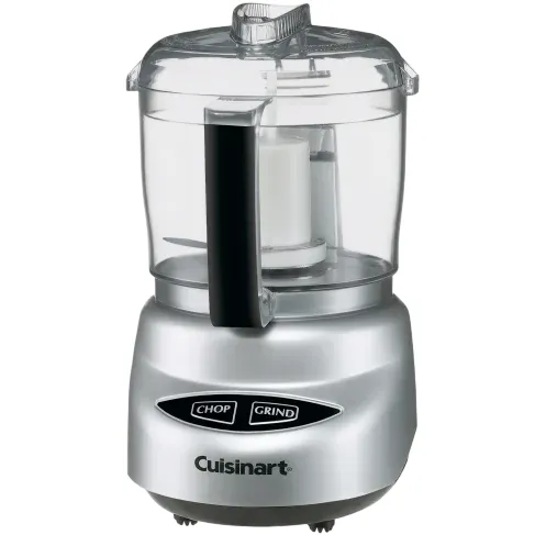 Cuisinart Mini-Prep Plus food processor with two control buttons labeled \“Chop\“ and \“Grind,\“ featuring a silver base and a clear bowl with a black handle.